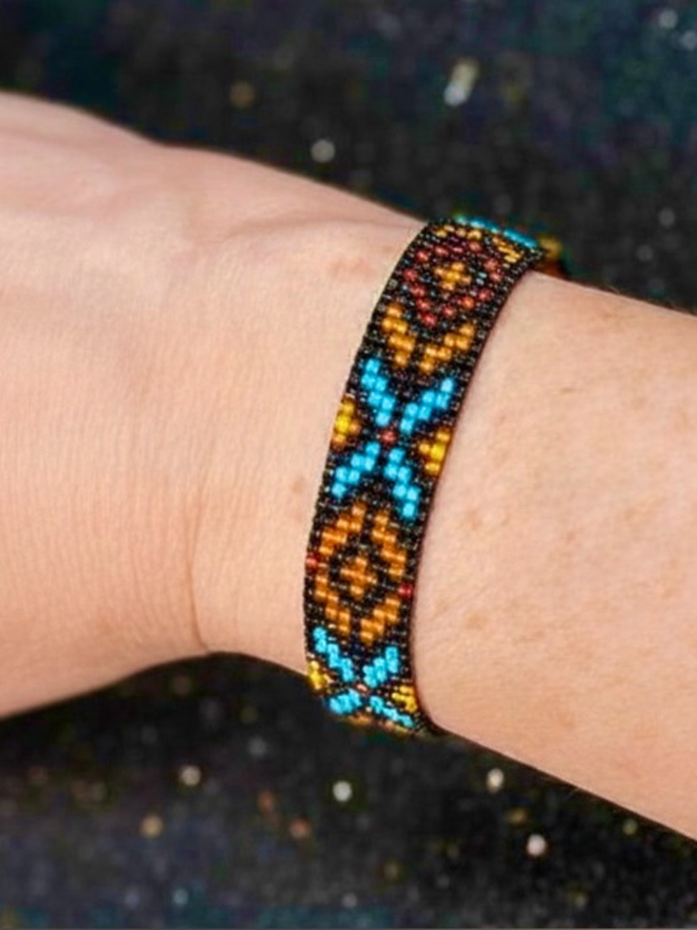 Geometric Beaded Bracelet | Turquoise Gold Garnet | Handmade Loom - Picture 5 of 7